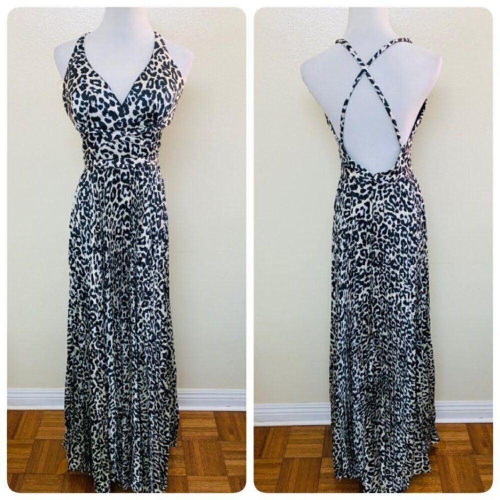 Laundry by Shelli Segal Leopard Print Halter Maxi Dress Black White Pleated Sz 2 - Picture 2 of 9